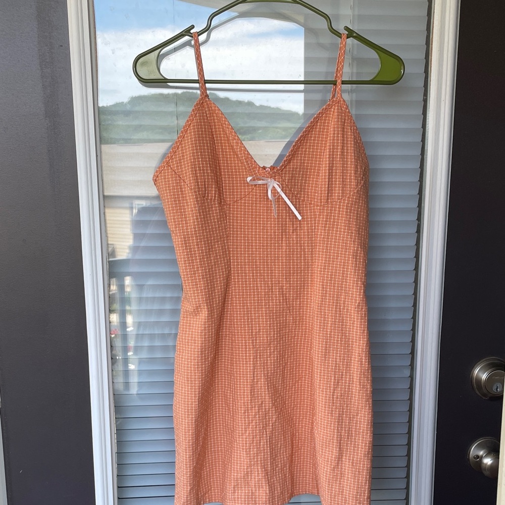 Orange checked Dress with bow-XS